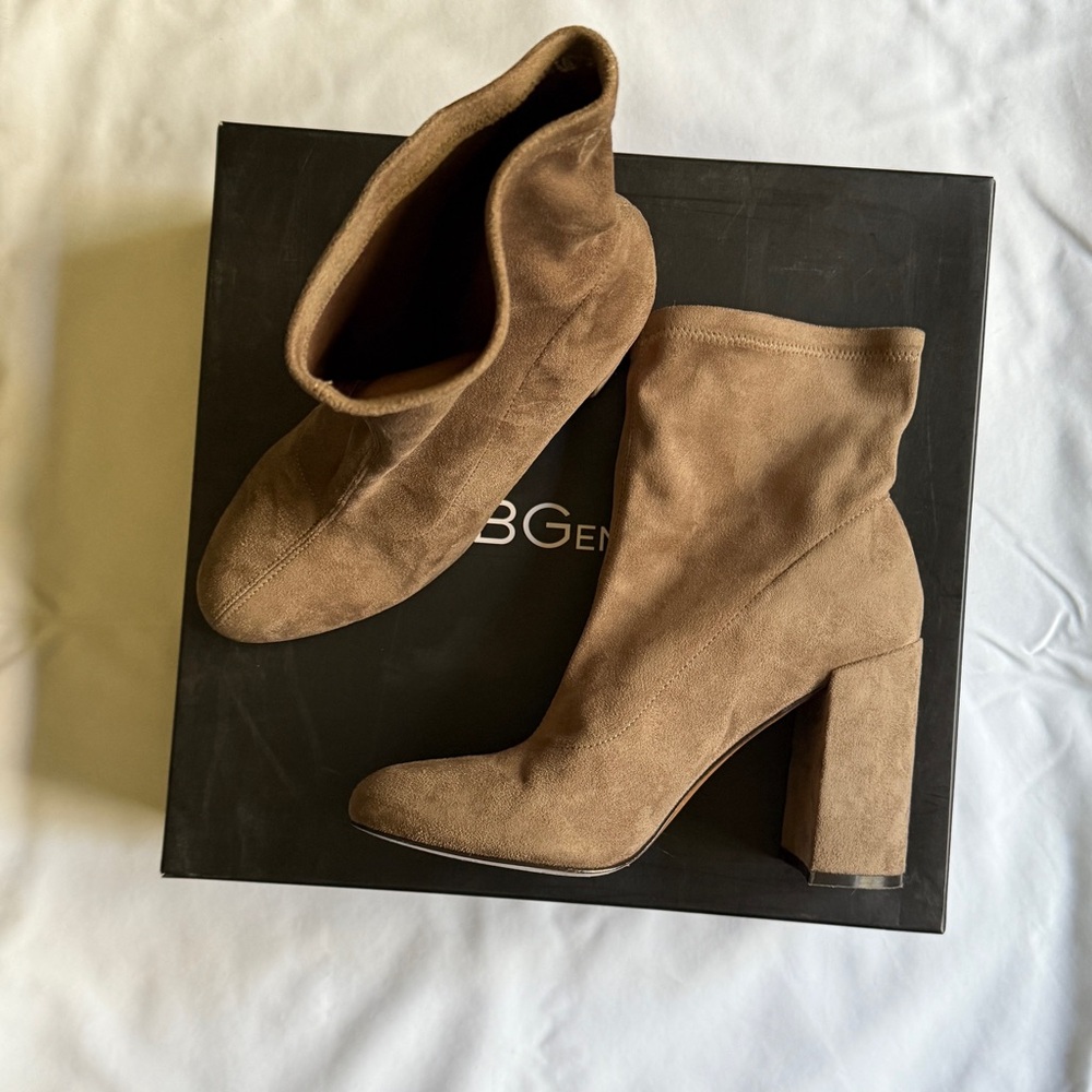 BCBGeneration Bootie-Taupe stretch suede